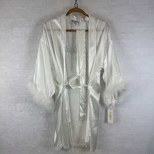 Linea Donatella Ivory Satin Bride Robe Feather Cuffs L/XL NWT‎